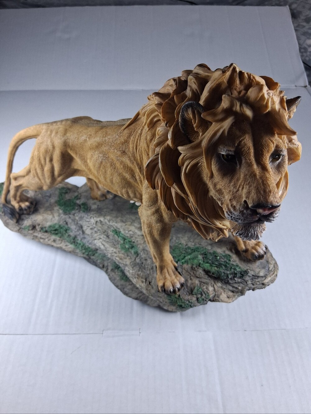 Realistic Resin Walking Lion Figurine Statue Faux Carved Wood Detail